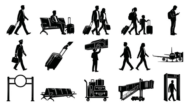 Airport Travel Industry Black and White Vector Silhouette Icons Set with Passengers