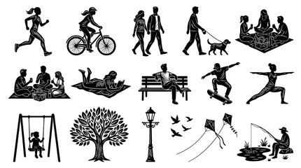 Obraz premium Black and White Icons of People Enjoying Outdoor Activities and Leisure