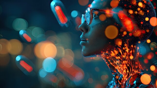 Futuristic AI Mindscape with Glowing Neural Network and Bokeh Lights.