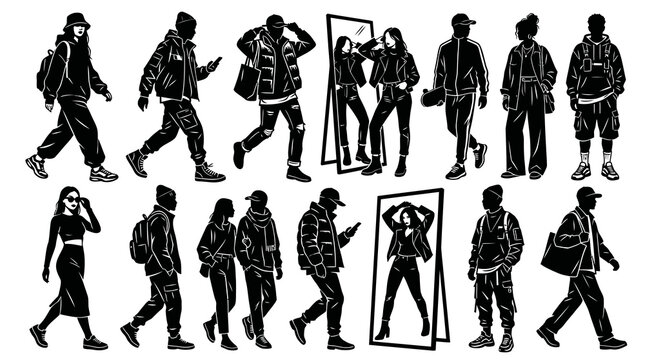 Black  White Line Art of Diverse Fashionable People
