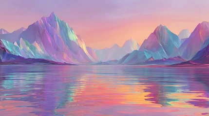 Fototapete Reflection Ethereal mountains with iridescent peaks reflected in a calm, colorful lake  © Fauzi