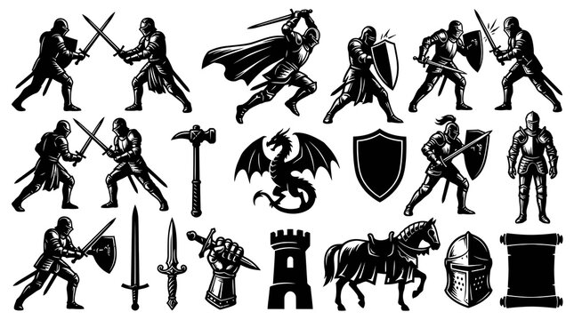 Black White Medieval Knight Combat  Fantasy Elements Glyph Vector Set