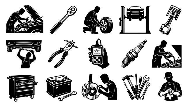Automotive Mechanic Icons: Black and White Line Art Set