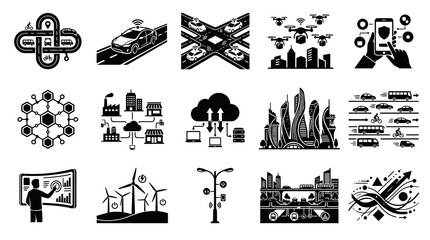 Fototapeta premium Smart City Technology Glyph Icons Set: Urban Planning, IoT, and Future Innovation Concepts
