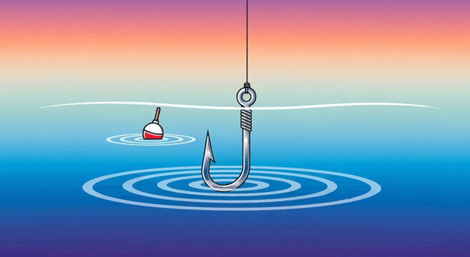 Fishing hook and bobber in water with ripples, concept of bait and catch
