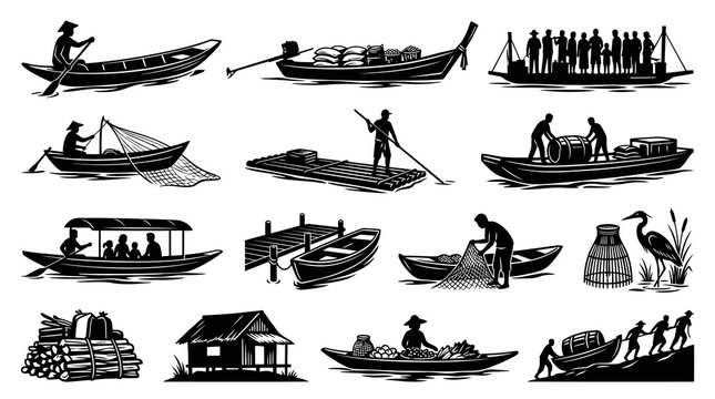 Black and White Line Art of Vietnamese River Life, Boats and People