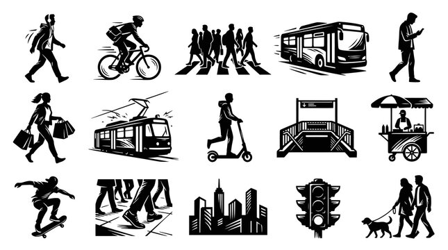 Black  White Glyph Icons: Urban City Life, Public Transport  Street Activities
