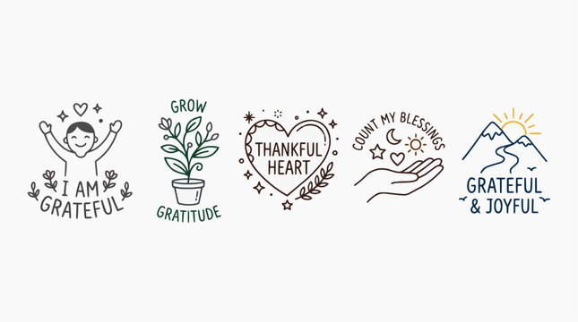 Five inspiring illustrations representing gratitude, joy, and positive affirmations. Each design features uplifting elements and encouraging messages