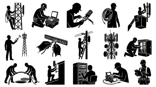 Telecom Technicians Working on Cell Towers, Equipment and Cables