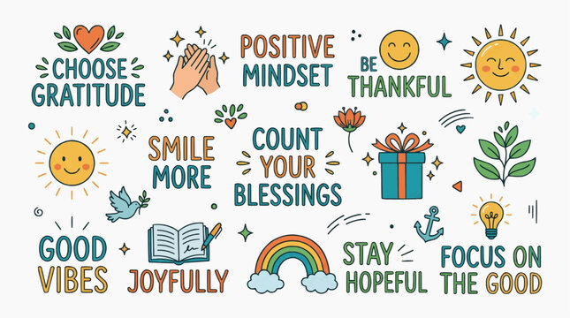 A collection of inspirational and motivational messages and illustrations emphasizing positivity, gratitude, and well-being.