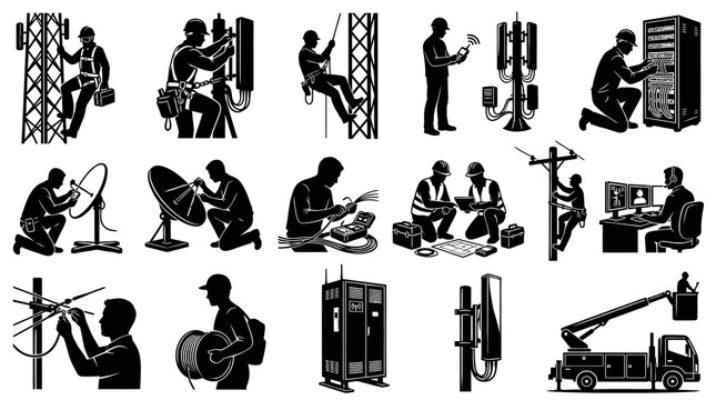 Telecom Technicians Working on Antennas and Equipment, BW Line Art