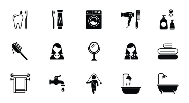Detailed set of fifteen black and white personal care icons including bathing tooth brushing hair styling and laundry for hygiene themes.