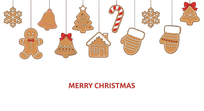 Assorted gingerbread cookies shaped like snowflakes bells trees and mittens hanging from strings for a merry Christmas holiday celebration.