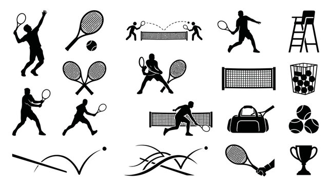 Tennis Sports Glyph Icons Set with Players, Rackets, Balls, Net, and Equipment Silhouettes