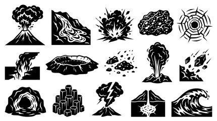 Fototapeta na wymiar Black and White Vector Icons of Volcanic Eruptions and Natural Disasters