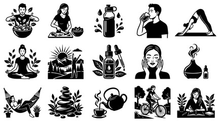 Fototapeta premium Wellness and Self-Care Icons: Yoga, Healthy Food, Hydration, Black and White