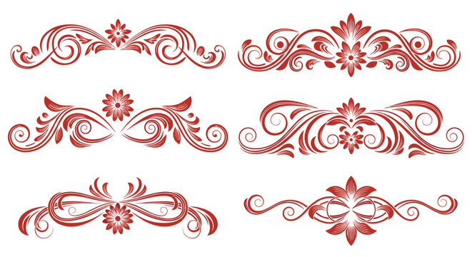 Collection of six elegant red floral decorative elements and scrollwork dividers for formal invitations or vintage style document designs.