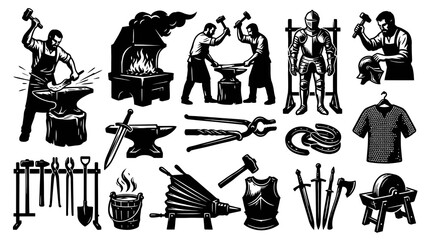 Obraz premium Blacksmithing Tools and Knight Armor Black and White Vector Art
