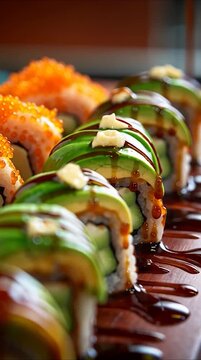Gourmet Avocado Sushi Rolls and Salmon Tobiko Rolls Drizzled with Teriyaki Sauce Cinematic Macro Food Photography Commercial Culinary Presentation
