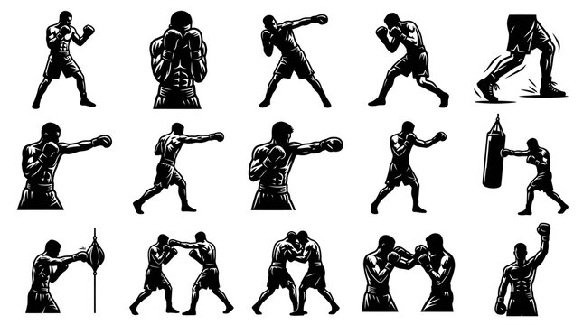 Black  White Boxing Illustrations - Dynamic Boxers, Fighters, Punching  Training Icon Set