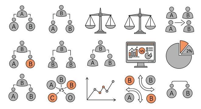 Comprehensive set of business and information graphic icons including organizational charts data scales and financial graphs.