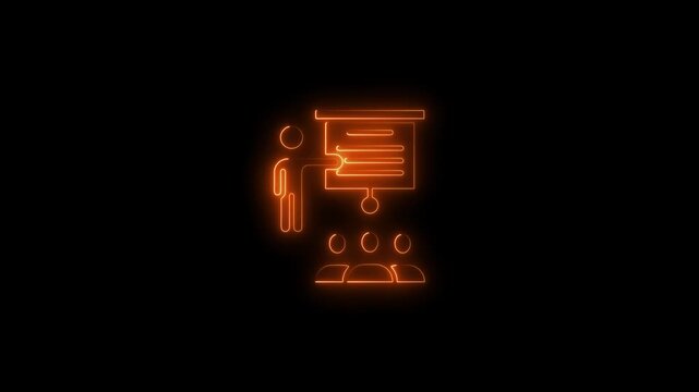 Neon orange business presentation with speaker and audience in dark environment