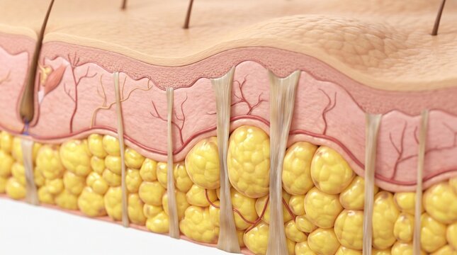 Human skin . Detailed visualization of the dermis and subcutaneous tissue layers with blood vessels and nerve endings.