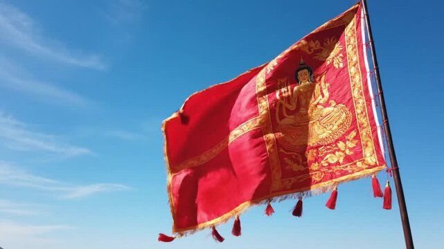 Temple flag waving in soft wind with minimal composition and bright sky empty space