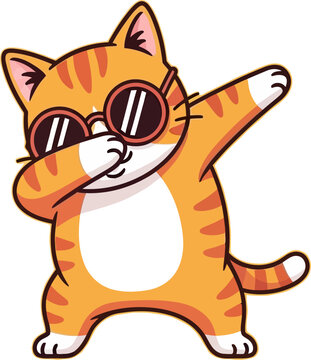 A playful orange tabby cat with striped fur and white belly is striking a confident pose wearing stylish sunglasses, performing the popular dab dance move.