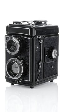 A vintage black twin-lens reflex camera on a reflective surface
