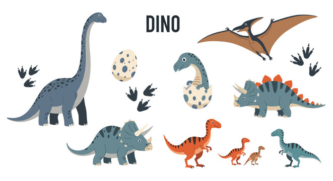 Set of various colorful dinosaur illustrations and elements like eggs and footprints including long neck and triceratops types.