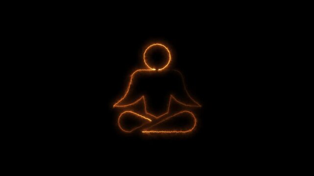 Neon yoga pose animation: glowing meditation silhouette on dark background, 1. yoga animation