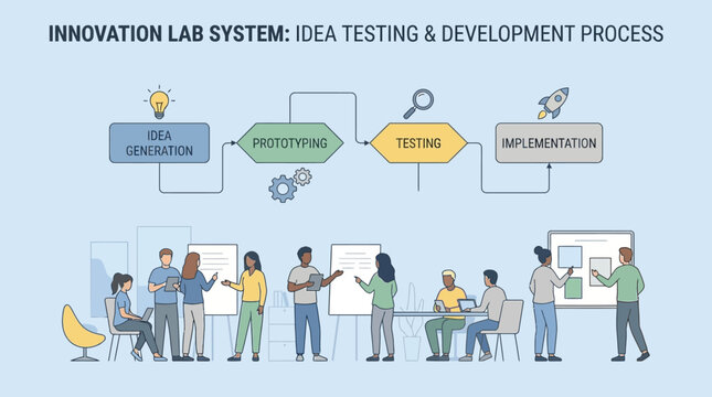 Business team collaborates on innovative development process in modern lab setting with technology