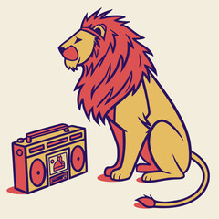 Lion sitting by a colorful retro boombox vector art. © Sirajum