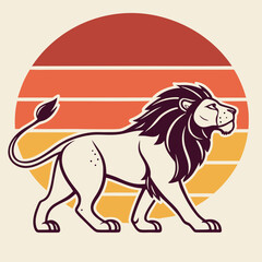 Lion walking in retro sunset stripes vector graphic. © Sirajum