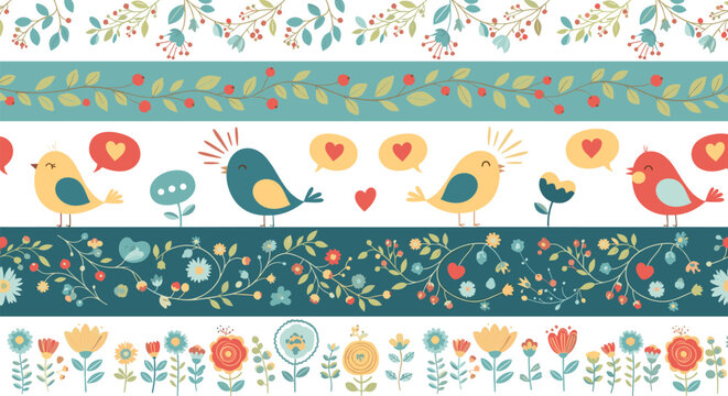 Horizontal decorative borders featuring singing birds, floral vines, red berries, and speech bubbles with hearts in a charming folk art style.