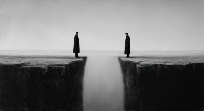 Two silhouetted figures stand on opposite precipices