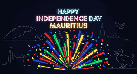 Happy Mauritius Independence Day with fireworks and landmarks. © Konco