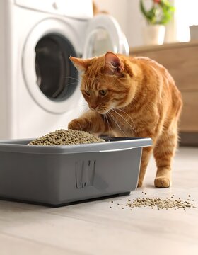 A curious orange cat digs through litter