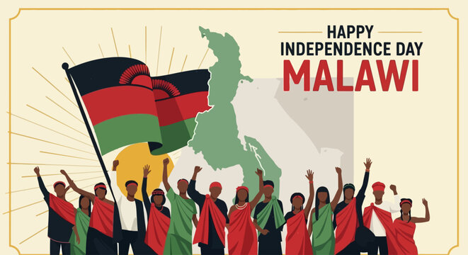 Happy Independence Day Malawi with people and flag