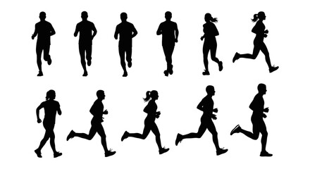 Obraz premium A dynamic collection of black silhouettes showcasing diverse men and women in various running poses, perfect for fitness and sports themes.