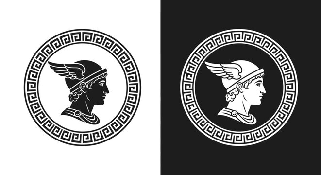 Classic emblem featuring a profile of Mercury, the Roman messenger god, wearing a winged helmet, set within a circular border of Greek meander pattern.