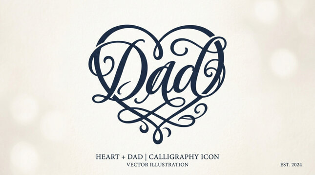 Heart shaped calligraphy icon with 'dad' text in elegant cursive script on beige background