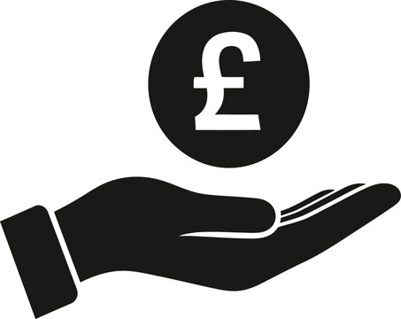 Simple black and white icon of an open hand holding a coin with the Pound Sterling symbol (GBP). Represents finance, currency, and investment.