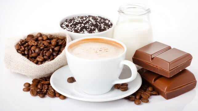 Coffee Cup with Milk and Chocolate Treats.