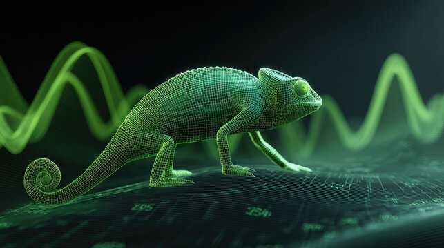 Wireframe chameleon with glowing green data waves in dark background