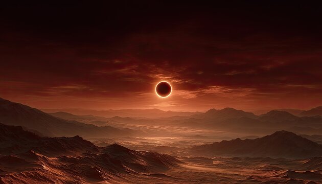 Fiery sun obscured by lunar disc over alien planet terrain