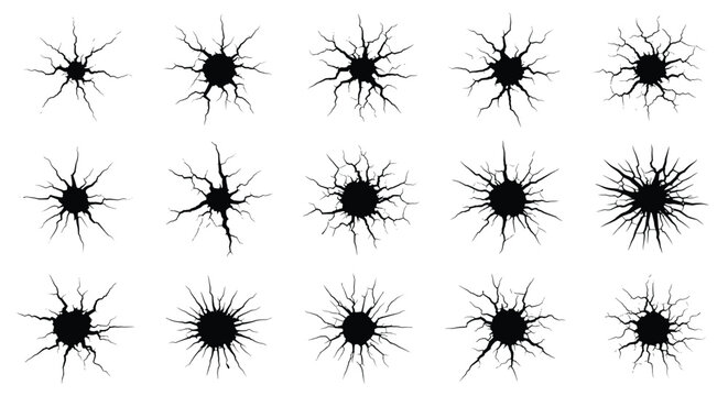 Collection of crack and impact hole textures in black ink for destruction and damage visual effect designs.