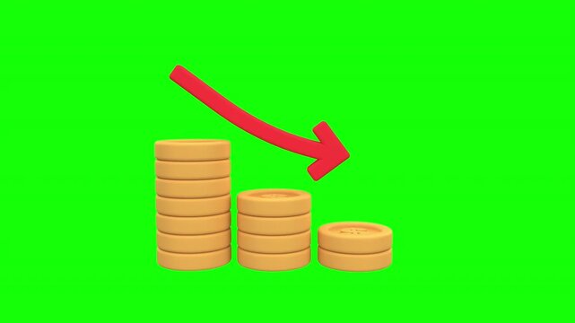 3d animation concept of financial loss or decline, decreasing coin stacks with a downward red arrow, symbolizing economic downfall or reduced monetary value with alpha channel