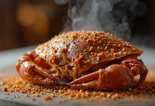 Fresh cooked crab covered in savory spices and herbs on a rustic kitchen table. cajun crab